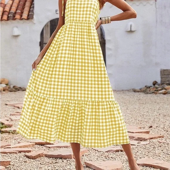 PrettyGarden | Dresses | Pretty Garden Sz Small Yellow Gingham Sundress  Flowy Cool Maxi Summer Sun Dress | Poshmark